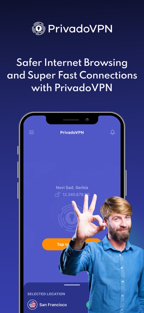 PrivadoVPN Fast VPN and Proxy - O aplicativo oferece uma interface clara para ativar a VPN, destacada pelo botão "Tap to Connect", e exibe a localização de conexão, como "Novi Sad, Serbia", garantindo navegação protegida.
