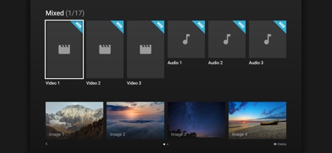 Media Station X - Esta galería muestra una cuadrícula de elementos multimedia variados, incluyendo previsualizaciones de videos y audios, junto con miniaturas de imágenes.