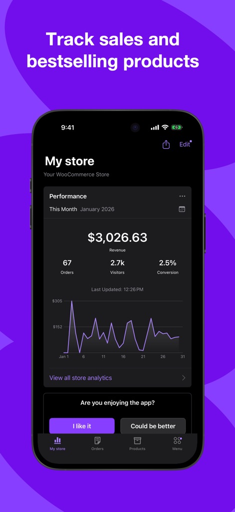 WooCommerce: Store & POS - La aplicación ofrece un panel de control intuitivo que muestra el rendimiento de la tienda, destacando el gráfico de evolución de ingresos mensuales y las estadísticas clave de pedidos y visitantes.