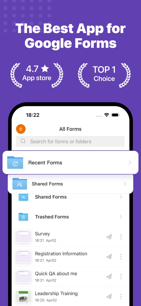 Forms for Google Docs - このアプリは、Googleフォーム管理におけるトップクラスの選択肢であり、App Storeでの高評価と複数のフォームタイプへの簡単なナビゲーション機能を視覚的に提示しています。