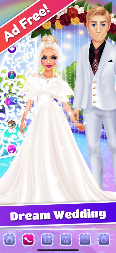 Wedding Makeover: Salon Games - This tool allows users to visualize a perfect wedding scene, featuring a beautifully dressed bride and her handsome groom in a romantic setting.