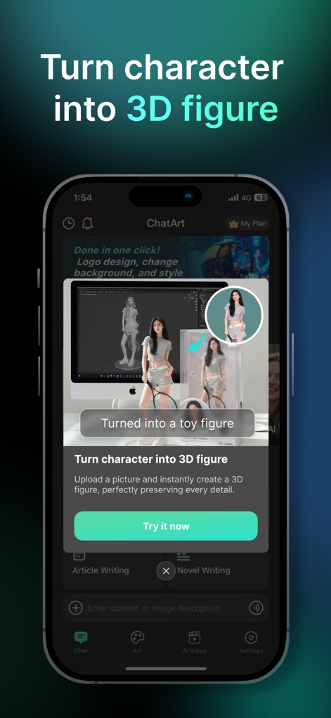 AI Asking&Writing-ChatArt - Experience the app's unique ability to 'Turn character into 3D figure', transforming uploaded images into detailed 'toy figure' models instantly.