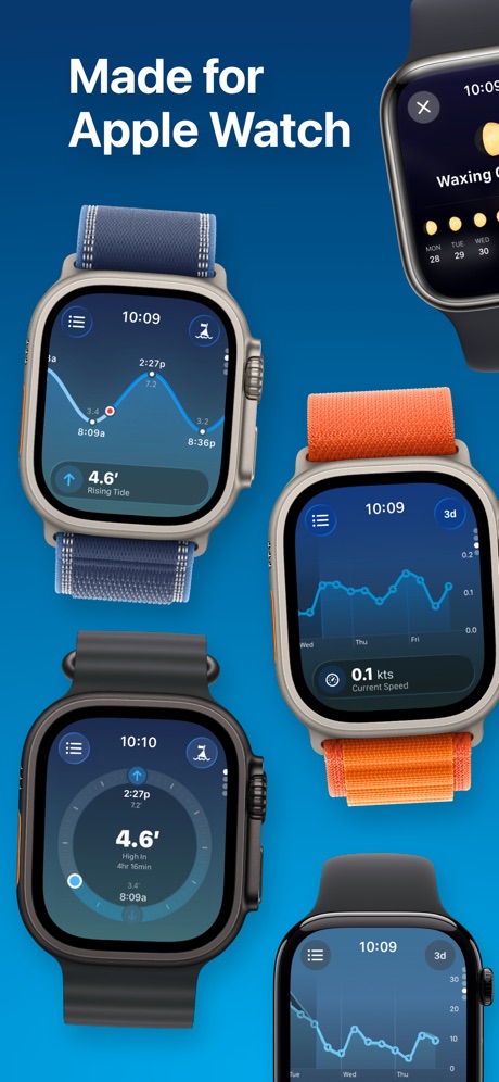 Tide Guide: Charts & Tables App Store screenshot 4, headline “Made for Apple Watch”. Phone cut off at the head.