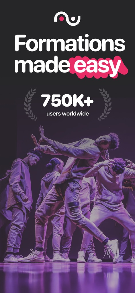 ArrangeUs - The app simplifies complex staging, as showcased by the "Formations made easy" tagline and the impressive "750K+ users worldwide" count.