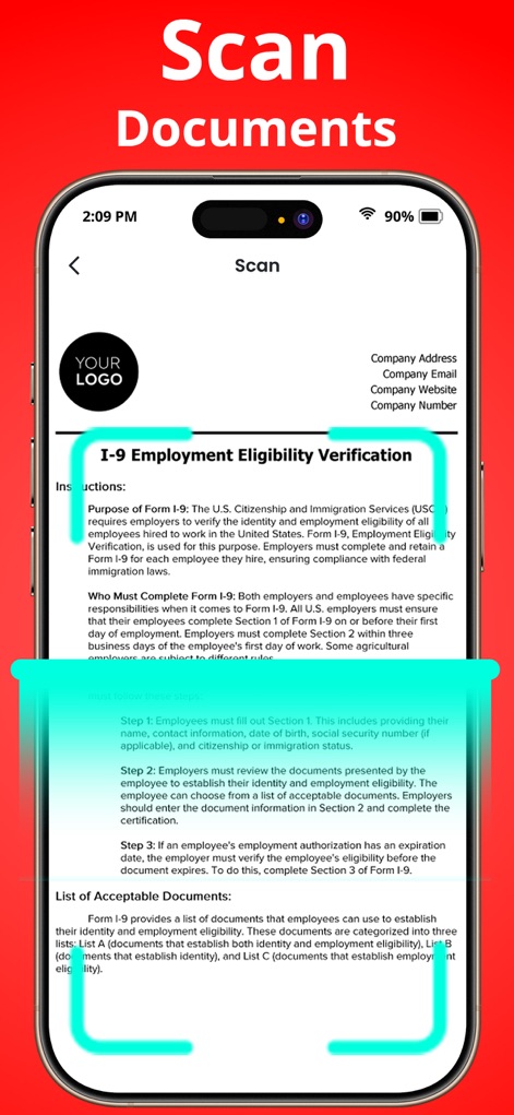 PDF Reader - Scanner app - Dieses Bild zeigt das Scannen eines wichtigen Formulars, wie des I-9 Employment Eligibility Verification Formulars (X), wobei ein leuchtender türkisfarbener Rahmen (Y) die präzise Erfassung des Dokuments hervorhebt.