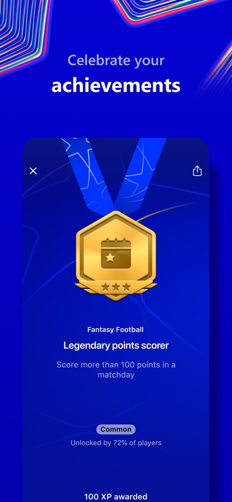 UEFA Gaming: Fantasy Football - The app celebrates user achievements with visual accolades like the 'Legendary points scorer' medal, offering transparent details such as '100 XP awarded' for recognized milestones.