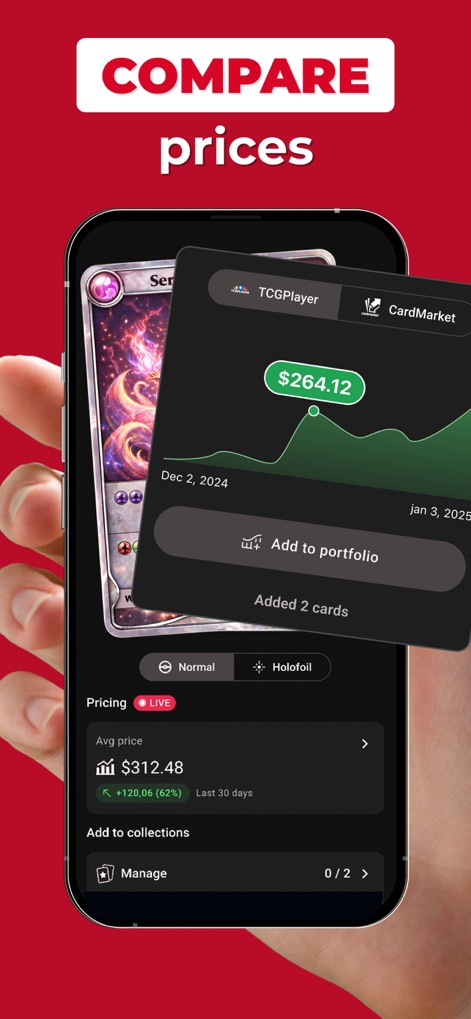 MonPrice Collector & Scanner - Nutzer können detaillierte Preisentwicklungen für Karten einsehen, unterstützt durch Daten von Plattformen wie "TCGPlayer" und "CardMarket", mit einer "Avg price" von "$312.48".