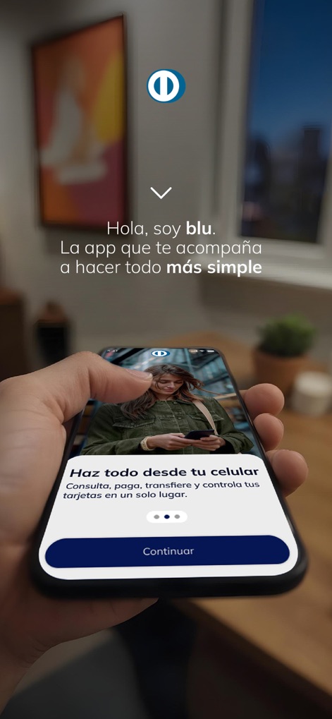 blu de Diners Club - La pantalla inicial da la bienvenida a los usuarios, destacando la promesa de la aplicación para simplificar la gestión financiera y la conveniencia de "hacer todo desde el celular".