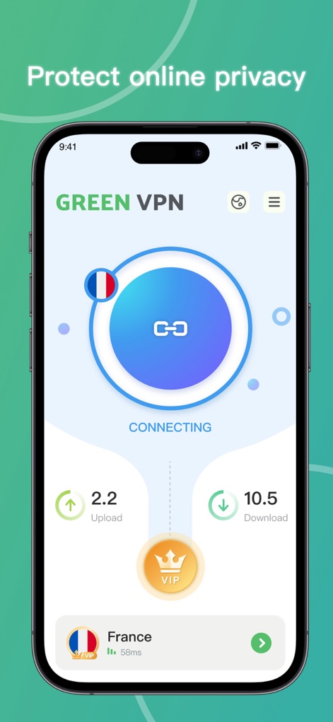 Green VPN - Tunneling - Uma vez conectado, o aplicativo exibe claramente o status "CONNECTING" com o ícone de corrente no centro e as velocidades de upload e download em tempo real, assegurando a proteção da privacidade do usuário.