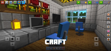 Block World 3D: Craft & Build - Explore the potential for detailed interior design, showcasing sophisticated computer setups and comfortable blue office chairs within user-crafted rooms.
