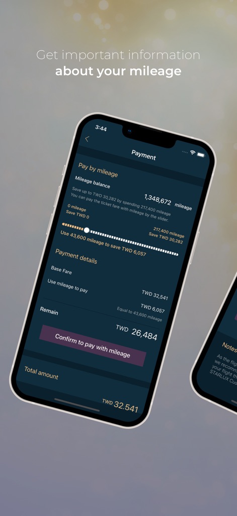 STARLUX - The app allows travelers to manage their mileage balance efficiently, utilizing a slider to apply loyalty points and clearly view the remaining payment details.