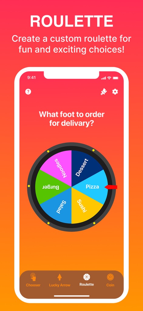 Chooser! - Esta captura ilustra la 'Roulette' personalizada, permitiendo a los usuarios crear ruedas de decisión con opciones como 'Pizza' o 'Sushi', guiadas por una pregunta claramente formulada en la parte superior.