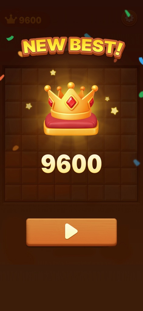 Wood Block Puzzle: Brain Games - Celebrate personal milestones with the 'NEW BEST!' banner and the celebratory crown animation for high scores.