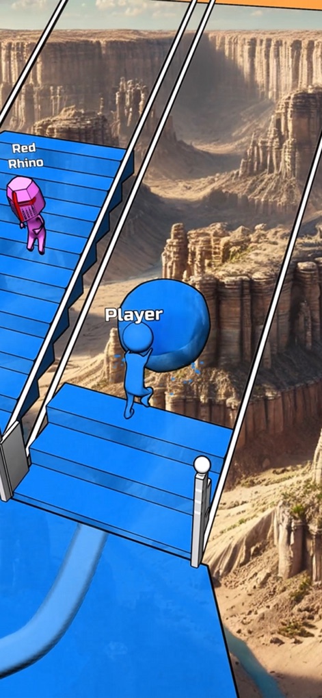 Bridge Race - This screenshot highlights the 'Player' character guiding a large blue sphere upwards, with a grand canyon-like backdrop and rival 'Red Rhino' visible.