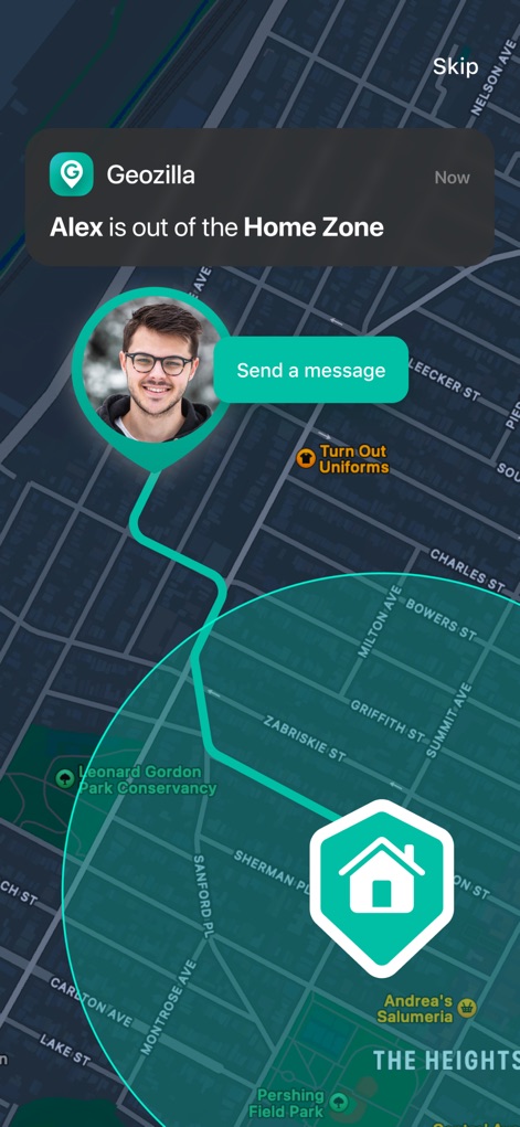 GeoZilla Phone Location Finder - Observe how the app provides instant notifications when a family member exits a predefined "Home Zone" and visually represents custom geofence boundaries.