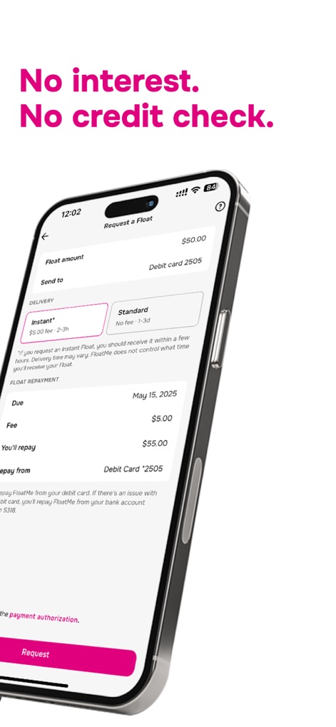 FloatMe: Easy Cash Advances - Discover flexible advance options with clear "Instant" and "Standard" delivery choices, alongside a transparent breakdown of the "Float amount" and any associated "Fee."