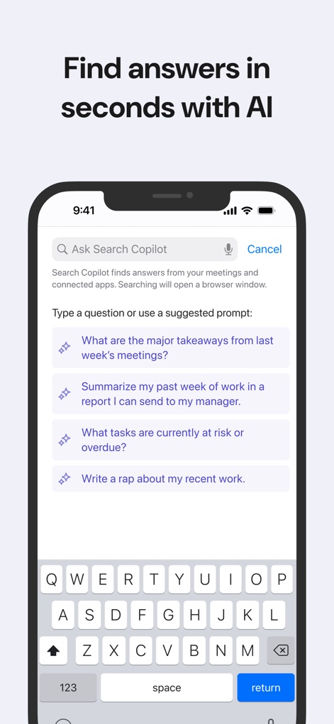 Read AI: Transcripts and Notes - A funcionalidade de pesquisa impulsionada por IA permite aos usuários fazer perguntas ou escolher prompts sugeridos, como "What are the major takeaways", para encontrar informações específicas rapidamente.
