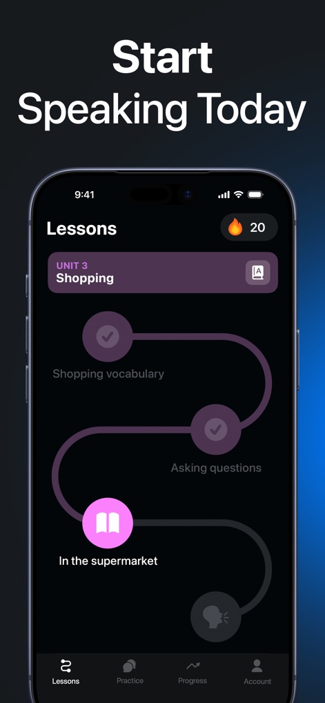 Speak English with Fluentika - The app provides a clear path through structured units like "Shopping," guiding users through themed vocabulary and practical conversational scenarios.