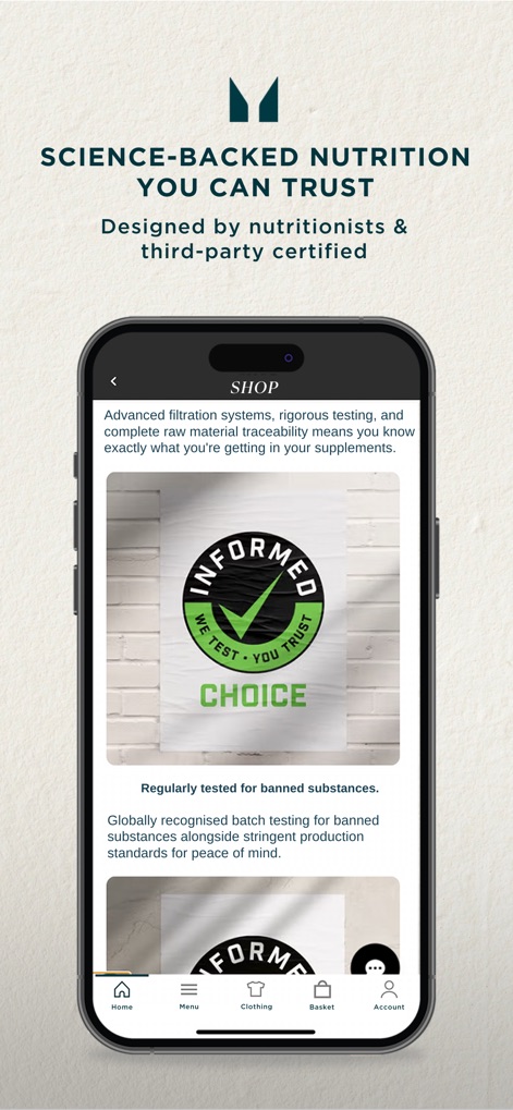 Myprotein: Fitness & Nutrition - This screen emphasizes the app's dedication to science-backed nutrition through third-party certifications like INFORMED-CHOICE and details about rigorous batch testing.