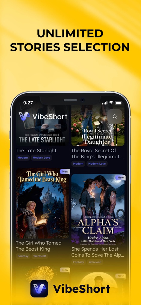 VibeShort: AI Comic Dramas - The app presents an expansive library of titles, categorized by genres such as "Fantasy" and "Modern Love", with "New" labels indicating recently added stories for endless discovery.