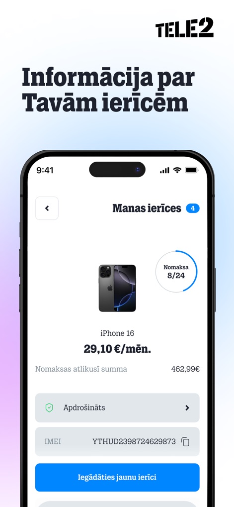Mans Tele2 - A tela 'Manas ierīces' exibe informações detalhadas sobre os dispositivos do cliente, como o status de pagamento parcelado e o número IMEI, e oferece a opção de adquirir um novo dispositivo.