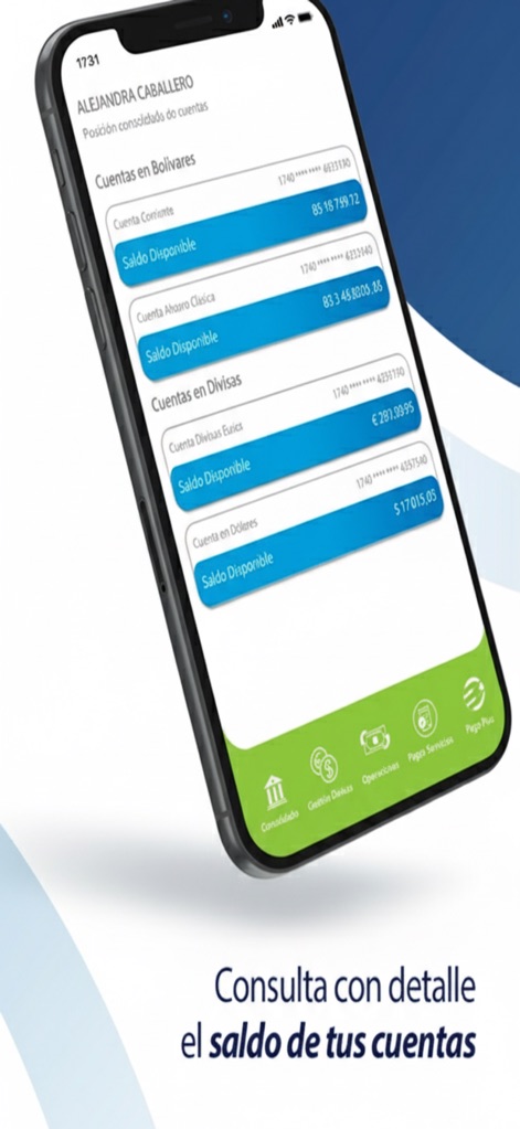 Banplus Móvil - Diese Ansicht bietet einen klaren Überblick über alle Konten, indem sie sowohl die Salden in Bolivares als auch detaillierte Guthaben für Devisen wie Euro und US-Dollar übersichtlich darstellt.