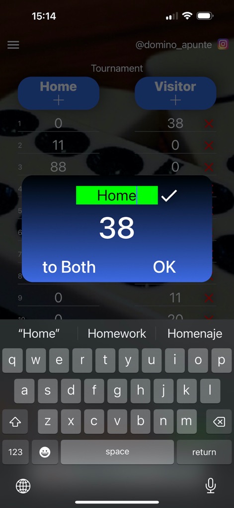Domino Apunte - L'application facilite l'entrée des points grâce à une fenêtre contextuelle intuitive pour l'attribution des scores et un clavier virtuel intégré pour une saisie fluide.