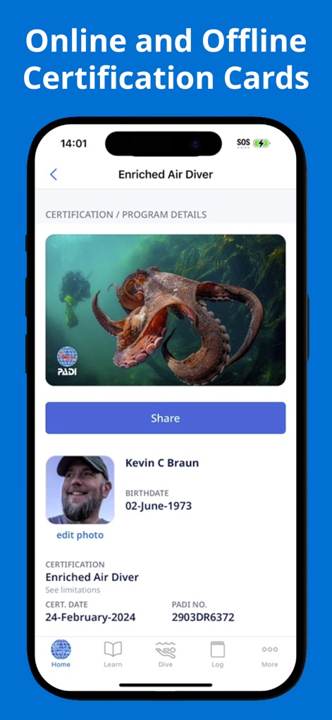 PADI - La herramienta presenta una tarjeta de certificación digital detallada para un buceador (Kevin C Braun), incluyendo su foto y la fecha de su certificación 'Enriched Air Diver'.