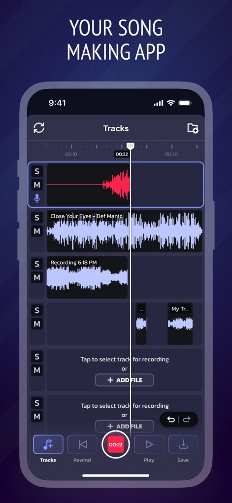 Pro Microphone: Voice Record - La pantalla de "Tracks" permite una gestión avanzada de las grabaciones, mostrando claramente las formas de onda individuales de cada pista y ofreciendo la opción de "ADD FILE" para composiciones complejas.