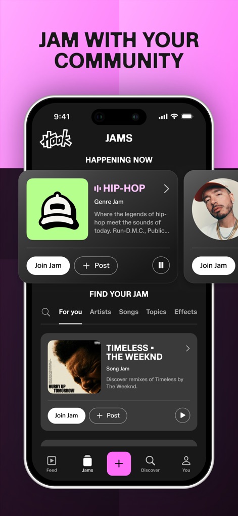 Hook - Remix & Mashup Maker - Explore e participe de 'Jams' comunitárias temáticas, como o 'Hip-Hop' Jam, ou baseadas em músicas específicas, com a opção de 'Join Jam' e 'Post' suas próprias criações.