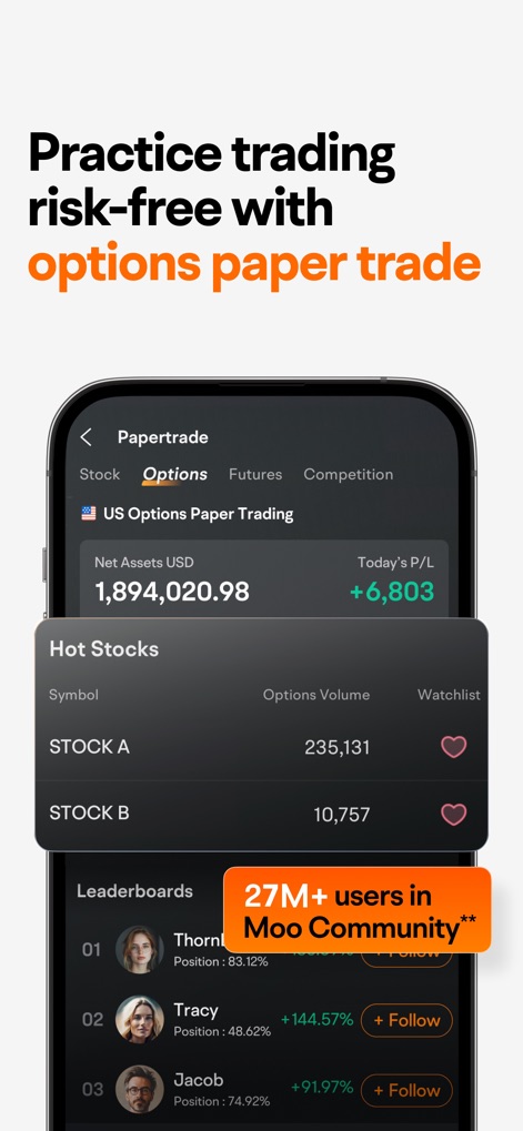 moomoo: Investing & Trading - Users can hone their skills with risk-free options paper trading, track virtual net assets, and engage with a vibrant community of 27M+ users.