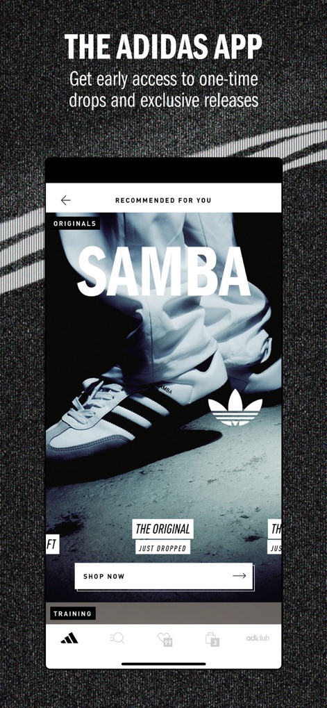 adidas: Shop Shoes & Clothing - The app provides instant early access to limited-time product drops, prominently featuring new releases like the Samba, and streamlines navigation with a clean bottom menu bar.