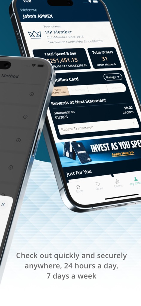 APMEX: Buy Gold & Silver - Users can manage their personal APMEX account by viewing total spend and order history, and access exclusive promotions like 'Invest As You Spend'.
