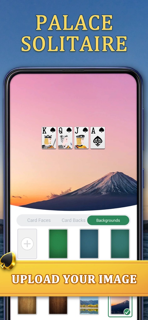 Palace Solitaire: Card Game - Showcase the ability to upload a custom image for the game background and select from a diverse range of pre-set scenic options.