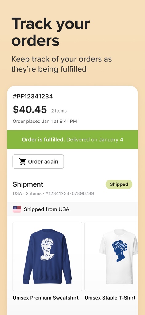 Printful App - This tool provides comprehensive order tracking, displaying detailed fulfillment statuses and visual previews of shipped products.