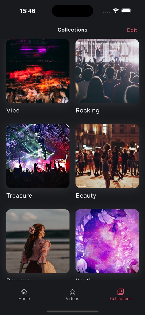 SaveTik: Tik Tock Video Saver - Users can meticulously categorize saved videos into personalized content collections, identified by user-defined, themed titles like 'Vibe' and 'Rocking'.