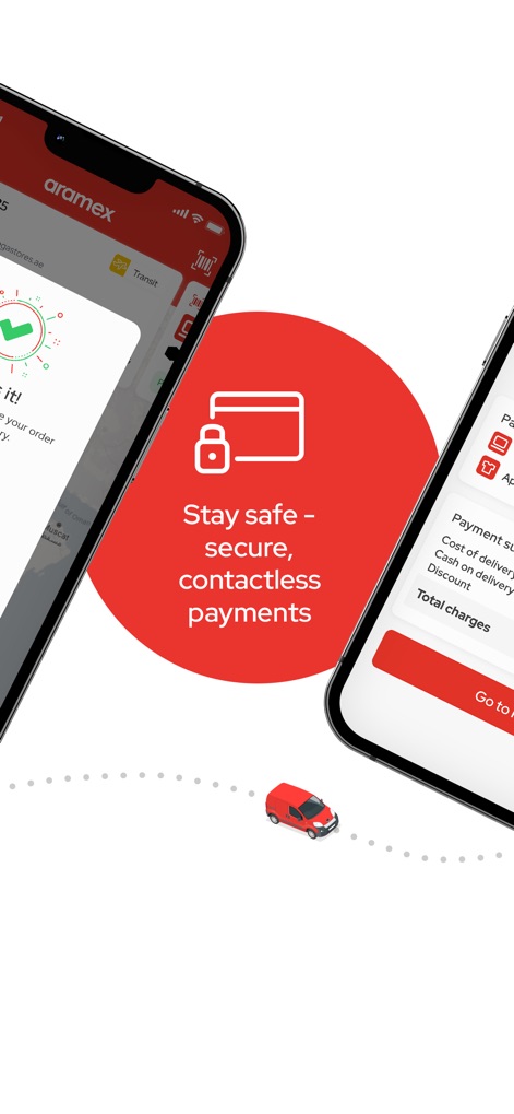 Aramex ارامكس - La aplicación facilita transacciones sin contacto y seguras, mostrando un resumen detallado de los cargos de envío y una confirmación de pago exitoso.