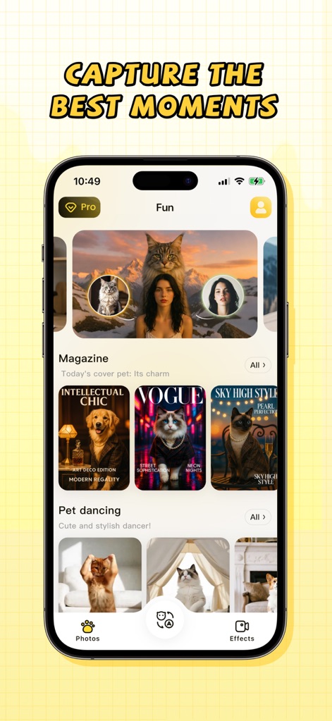 PetFun-Pet Talk & Camera - La aplicación transforma a las mascotas en estrellas, mostrando innovadoras portadas de revistas temáticas y una divertida sección de "Pet dancing", ideal para compartir su encanto en redes sociales.