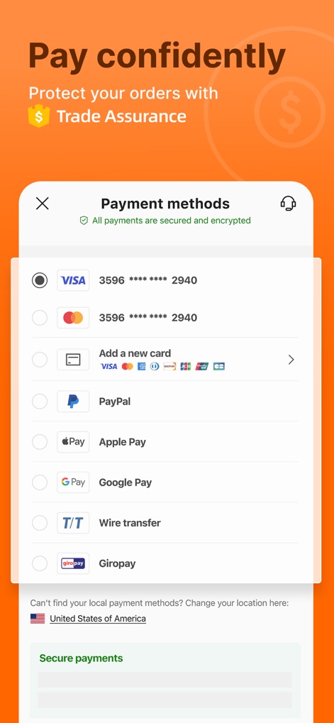 Alibaba.com - Users can "Pay confidently" with various payment options such as "VISA" and "PayPal", all protected by the platform's "Trade Assurance" service.