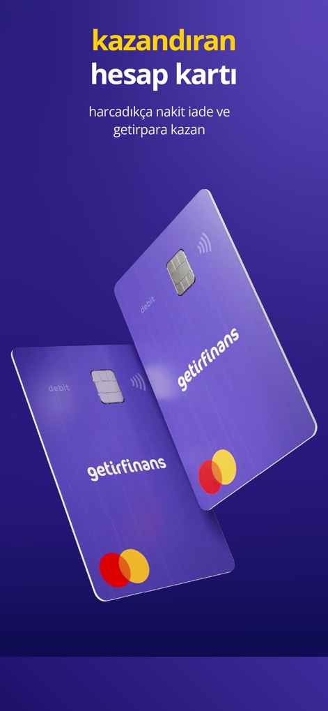 getirfinans - The app features a distinct debit card design and highlights instant cashback rewards on spending.