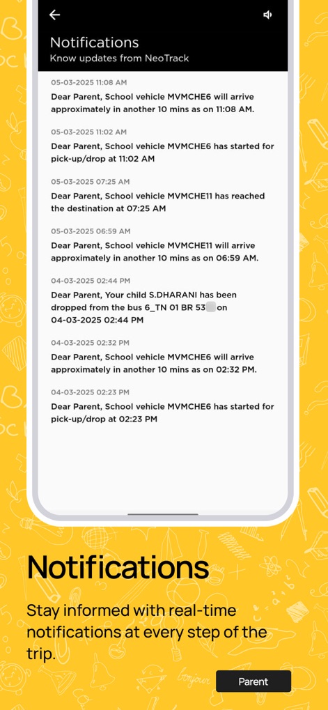 NeoTrack - School Bus Tracking - ユーザーはバスの到着が近いことを知らせる通知や、子どもの乗降が完了したことを示すメッセージをリアルタイムで受け取ることができます。