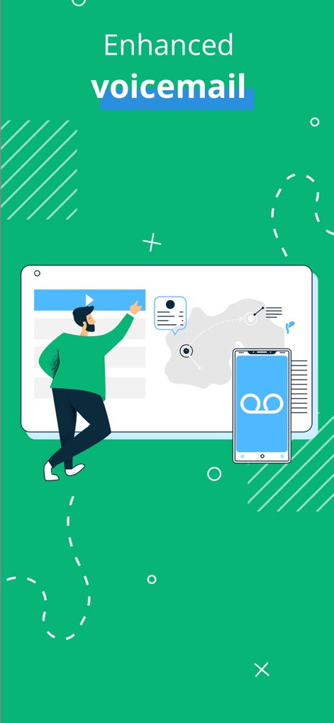 Line2 - Second Phone Number - Nutzer profitieren von einer erweiterten Voicemail-Funktionalität, dargestellt durch ein interaktives Dashboard und die Anzeige eines Voicemail-Symbols auf dem Smartphone, das den Zugriff und die Verwaltung von Nachrichten erleichtert.