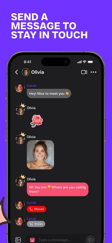 HIYAK - Video Chat & Live Call - L'app offre un'interfaccia di messaggistica chiara e intuitiva, che permette agli utenti di scambiare messaggi come quelli tra Olivia e Lucas, e di arricchire le conversazioni con elementi visivi come lo sticker della rosa, garantendo un contatto costante.