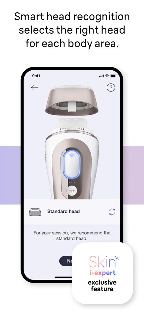 Braun IPL app - The app intelligently recommends the optimal attachment for each body area, visually displaying the IPL device head and its corresponding usage advice.