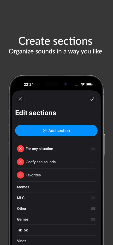 Meme Soundboard 2016-2026 - Organice su colección de memes creando secciones personalizadas, como 'Goofy aah sounds', para agrupar y acceder fácilmente a sus favoritos.