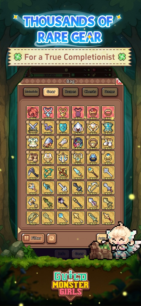Guild of Monster Girls - La aplicación ofrece una vasta colección de más de mil piezas de equipo únicas, mostradas detalladamente en una interfaz de inventario intuitiva y bien organizada para facilitar la gestión y personalización de las heroínas.