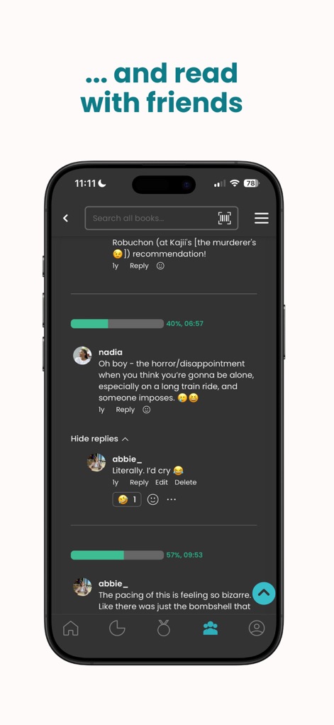 StoryGraph: Reading Tracker - La función de lectura social permite la interacción en tiempo real, ofreciendo comentarios interactivos con bloqueo de spoilers y reacciones a partes específicas del libro.