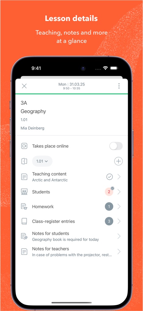 Untis Mobile - The app provides in-depth lesson information, allowing users to view 'Teaching content' and access options like 'Notes for students' within each lesson entry.