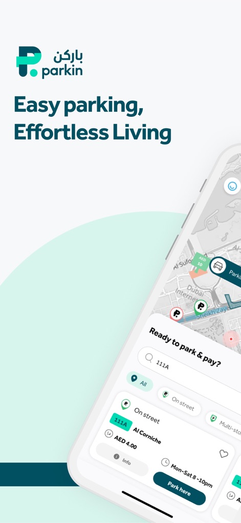 Parkin - Esta captura presenta la pantalla principal con el logo de la aplicación Parkin y la funcionalidad de búsqueda de estacionamientos cercanos. Los usuarios pueden ver los puntos de estacionamiento disponibles en un mapa interactivo y un botón "Park here" para iniciar el proceso.