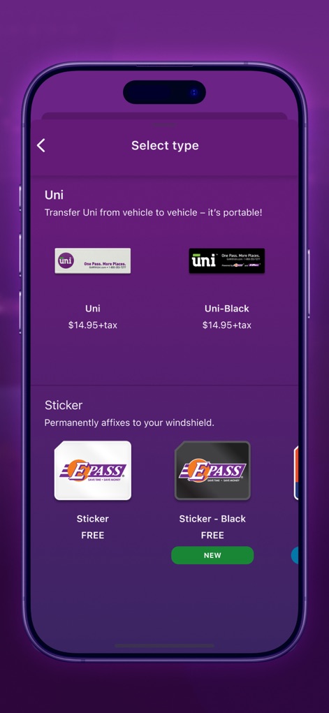 E-PASS Toll App - This screen clearly outlines available transponder types, distinguishing between portable Uni devices and permanently affixed stickers for user selection.